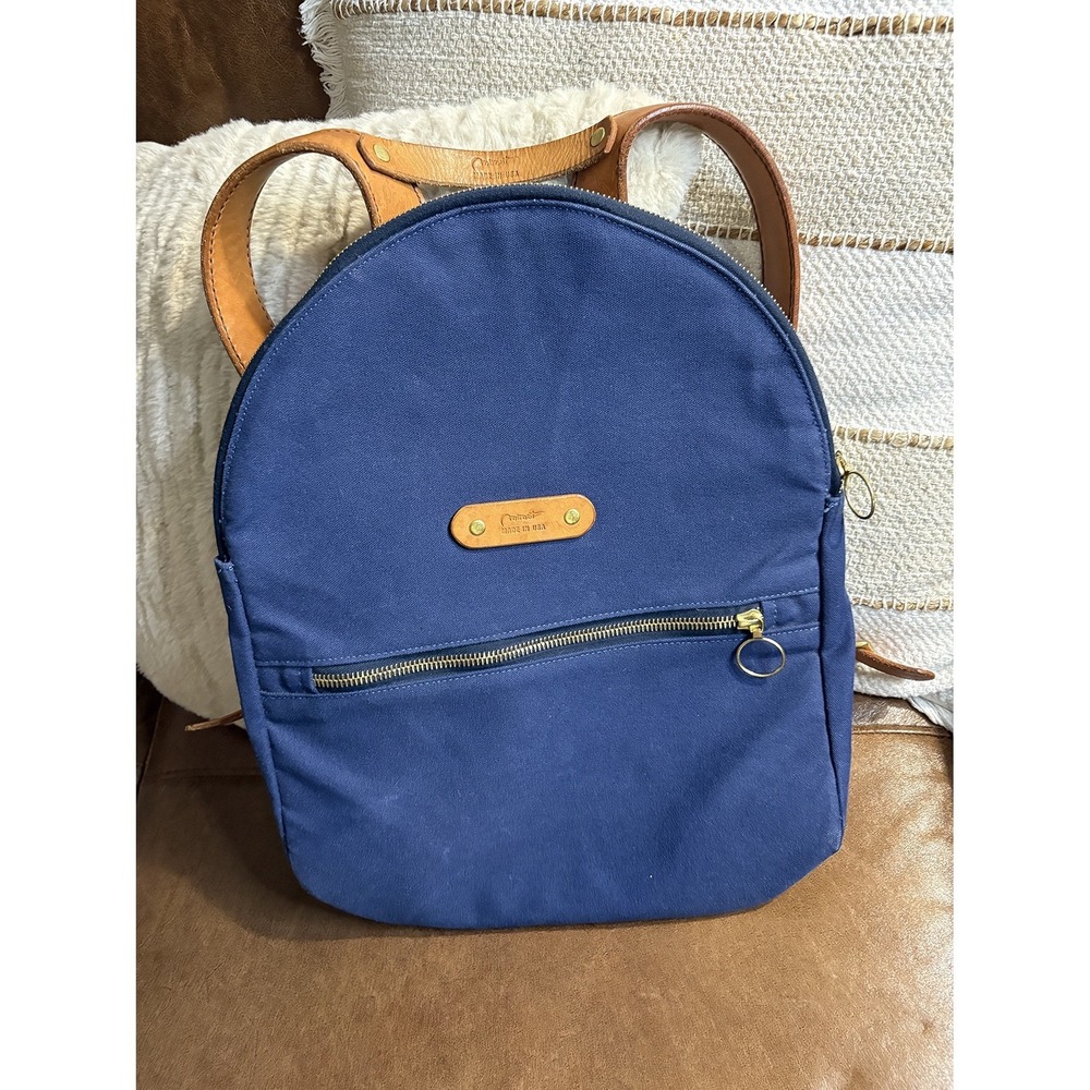 Mimot Studio Made in USA Handmade Canvas Daypack Backpack Blue Leather Trim Bag